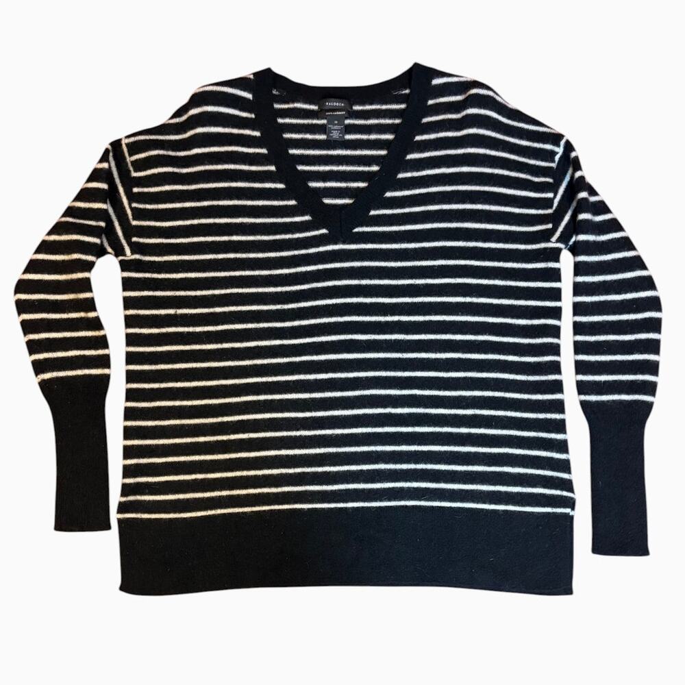 HALOGEN Women's 100% Cashmere Sweater MEDIUM Black White Striped Y2K V-Neck